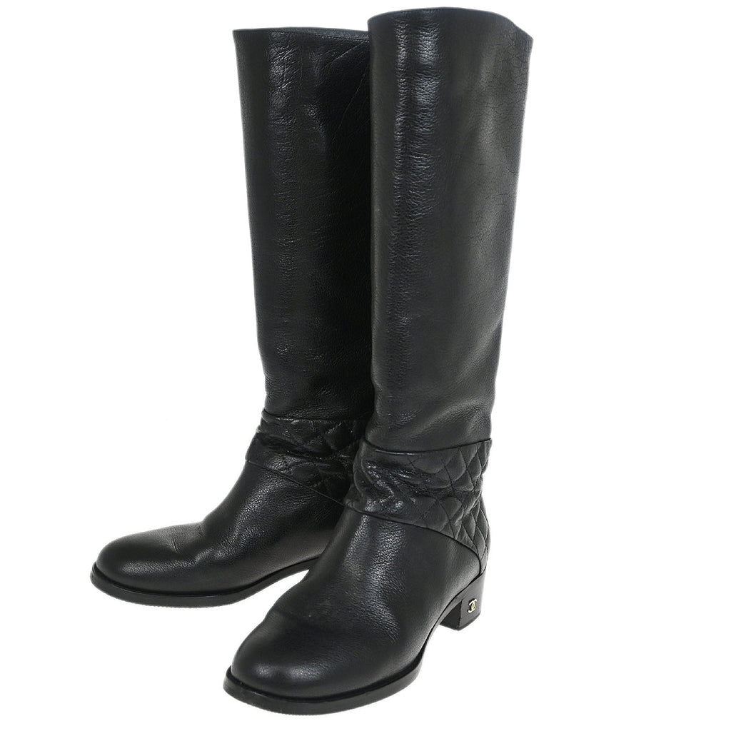 Chanel * Black Leather Shoes Boots #37