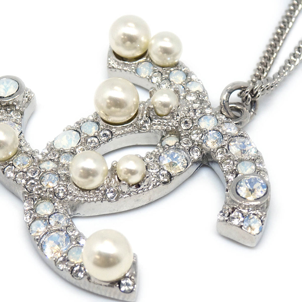 Chanel CC Chain Necklace Pendant Rhinestone Costume Pearl Silver B17K