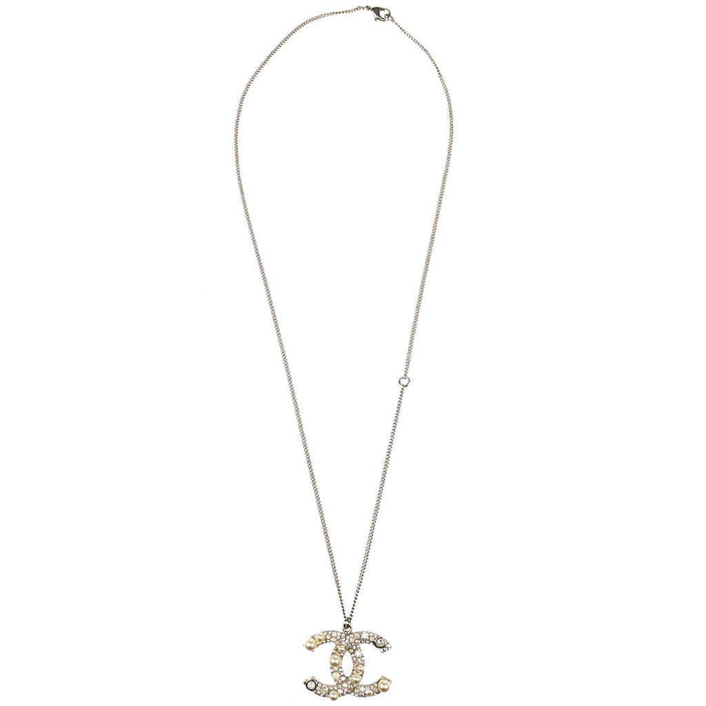Chanel CC Chain Necklace Pendant Rhinestone Costume Pearl Silver B17K