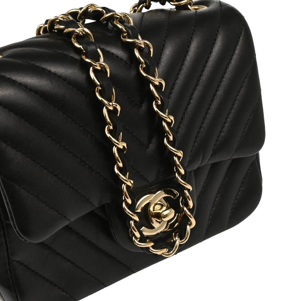 Chanel 2017 Black Lambskin Chevron Mini Classic Square Flap Shoulder Bag 17