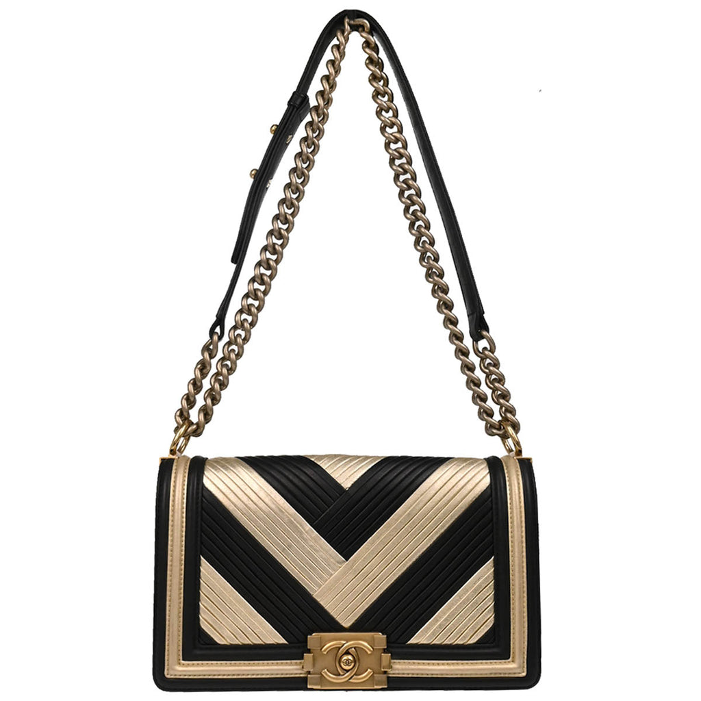Boy Chanel 2017 Black Gold Lambskin Medium Shoulder Bag