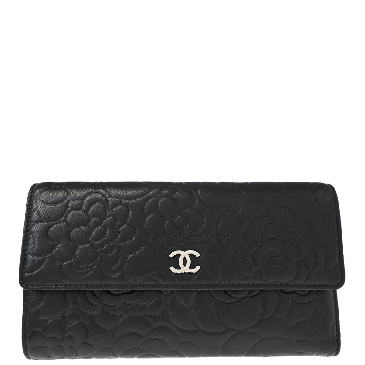 Chanel 2011 Black Calfskin Camellia Long Wallet