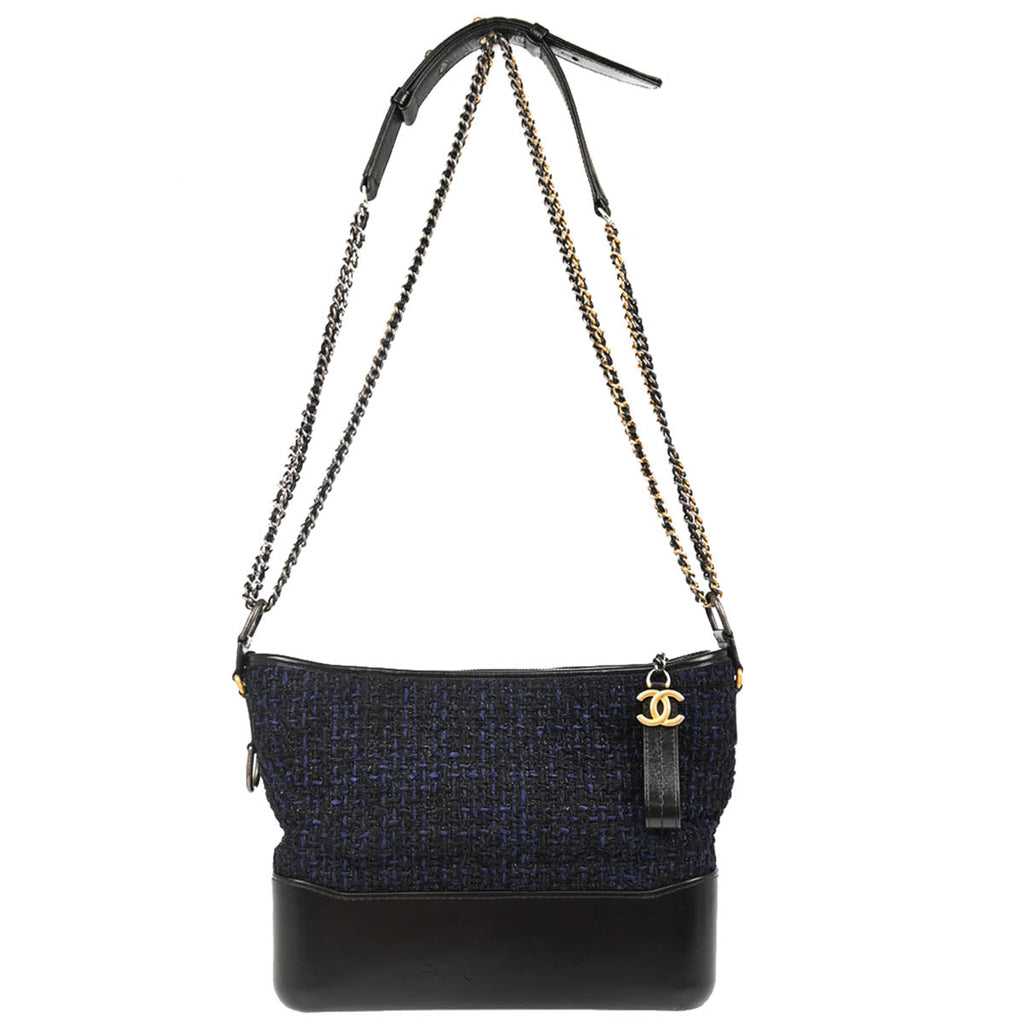 Chanel 2018 Black Navy Calfskin Tweed Large Gabrielle Shoulder Bag