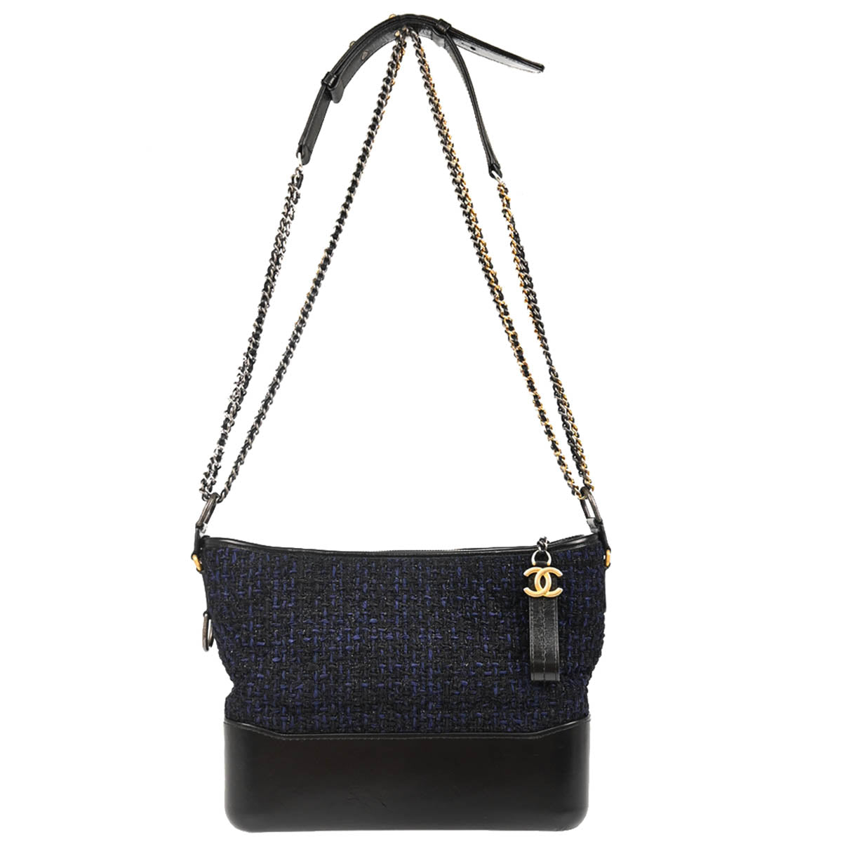 Chanel 2018 Black Navy Calfskin Tweed Large Gabrielle Shoulder Bag