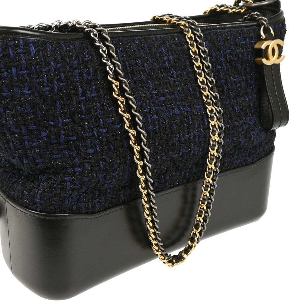 Chanel 2018 Black Navy Calfskin Tweed Large Gabrielle Shoulder Bag