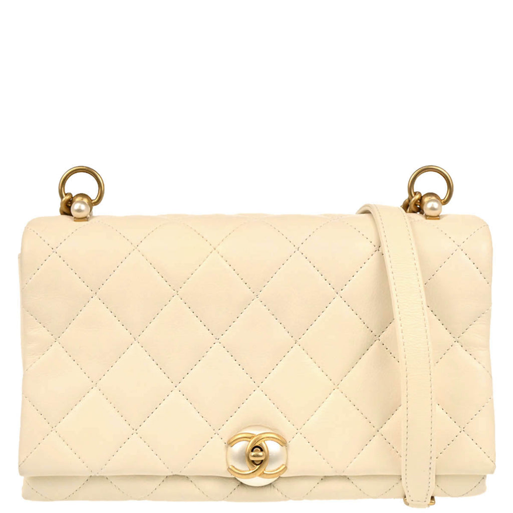 Chanel 2019 Ivory Calfskin Turnlock Small Full Flap Shoulder Bag