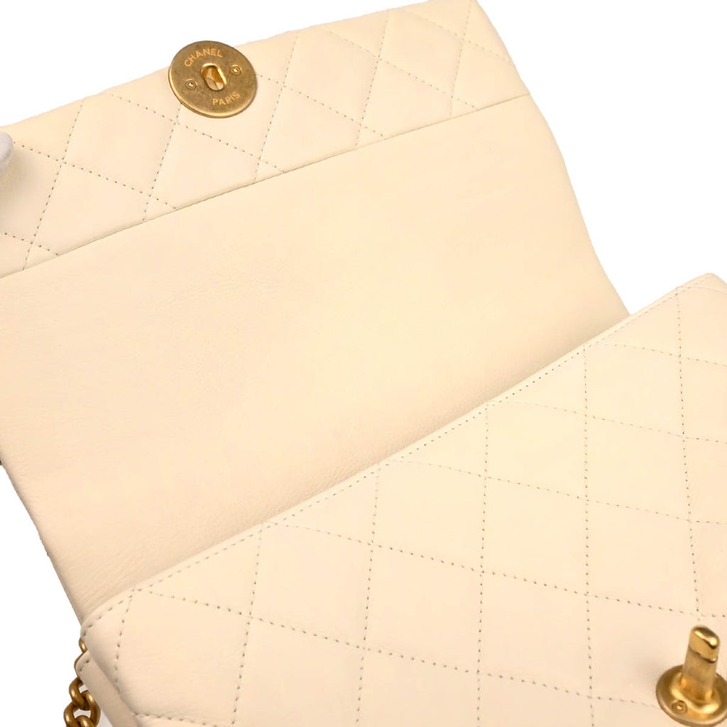 Chanel 2019 Ivory Calfskin Turnlock Small Full Flap Shoulder Bag