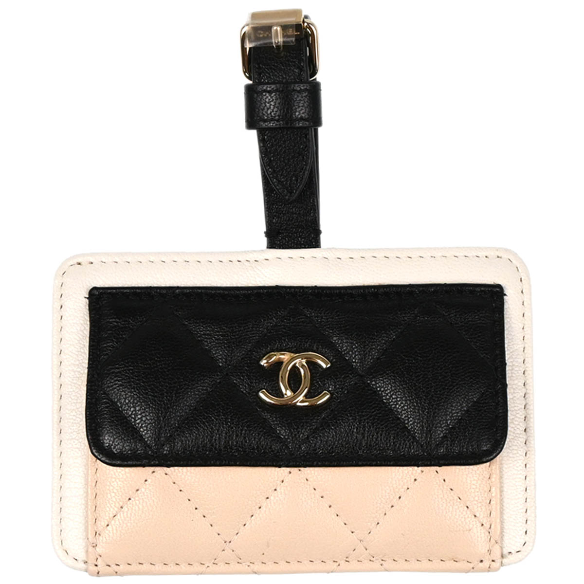 Chanel 2019 Beige Black Calfskin Luggage Tag Cardholder Small Good