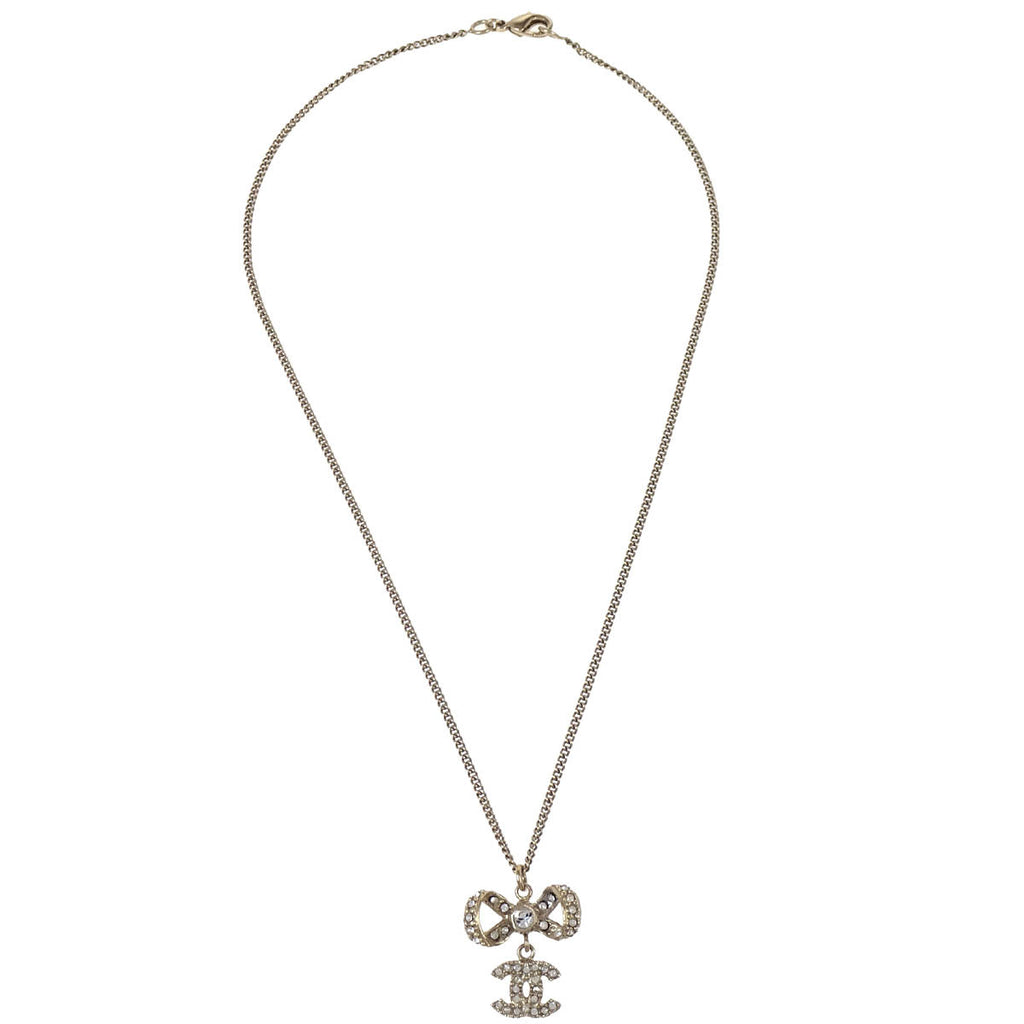 Chanel Gold Chain Pendant Necklace Rhinestone Bow CC B12P