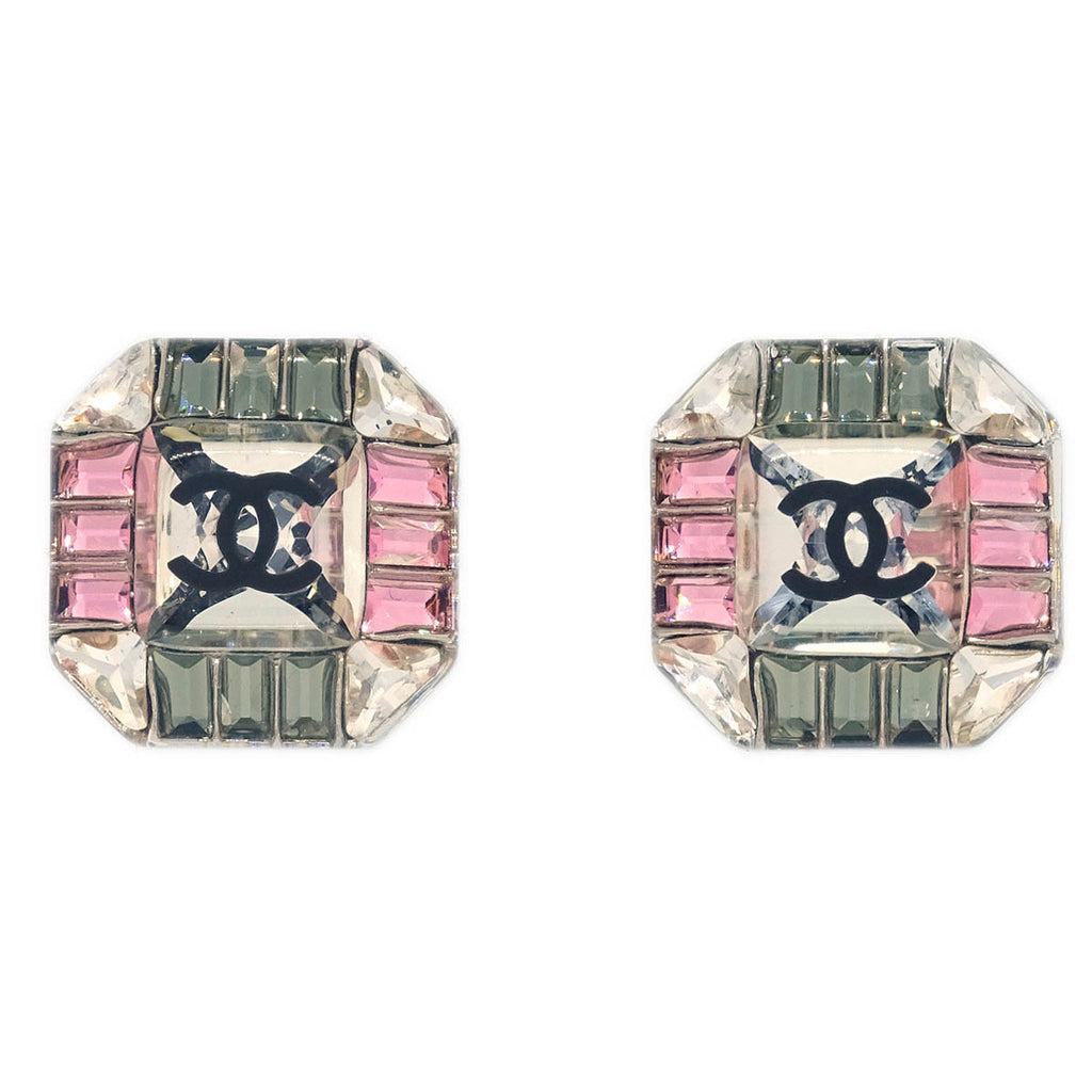 Chanel Octagon Piercing Earrings Silver Clear Rhinestone 15K