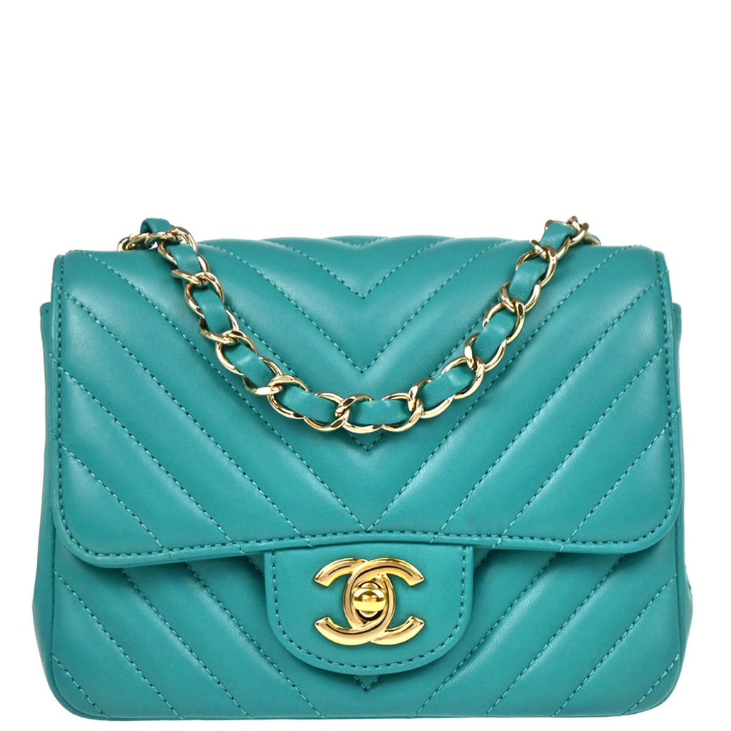 Chanel 2017 Blue Chevron Mini Classic Square Flap Shoulder Bag
