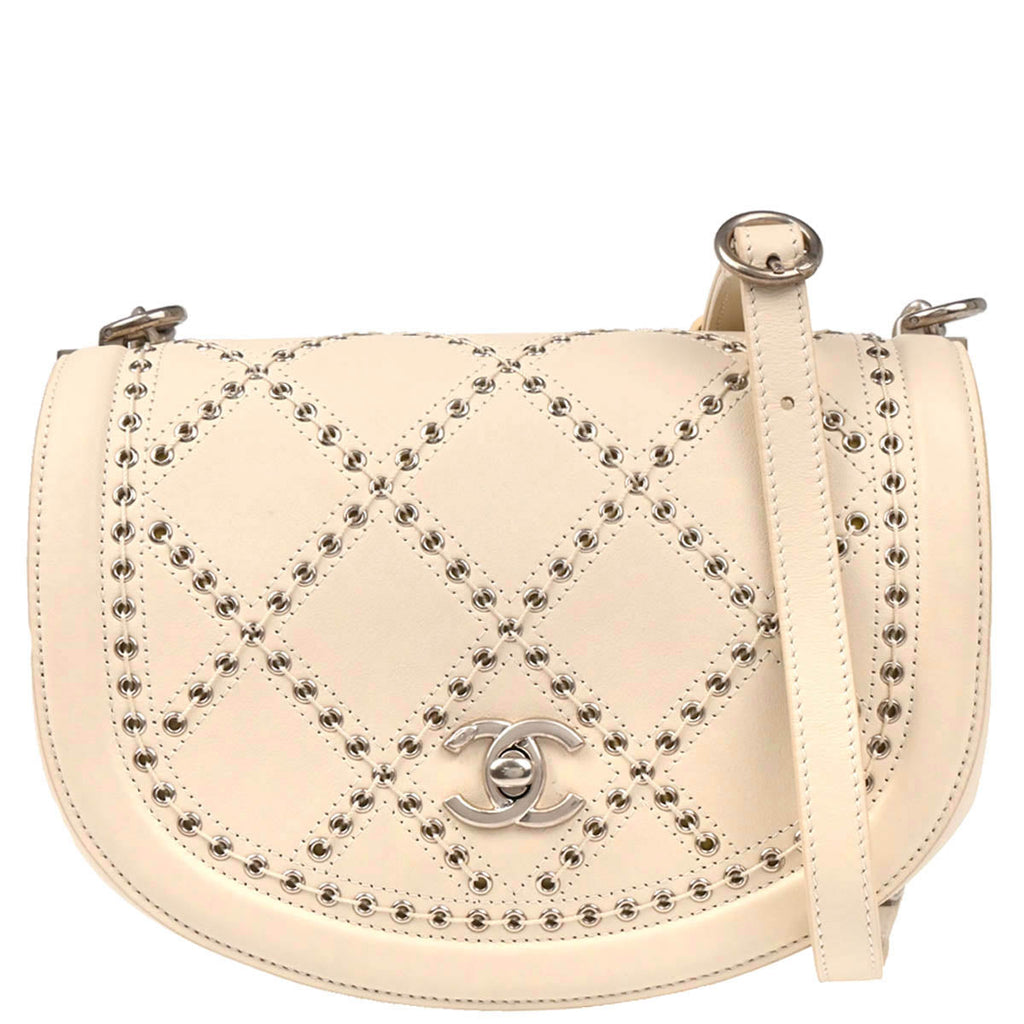 Chanel 2018 White Calfskin Coco Eyelets Round Flap Shoulder Bag