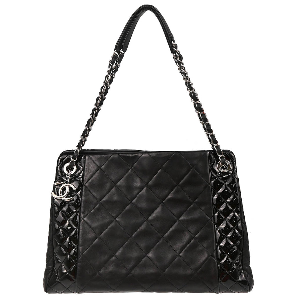 Chanel 2014 Black Lambskin Patent Leather Chain Tote Handbag