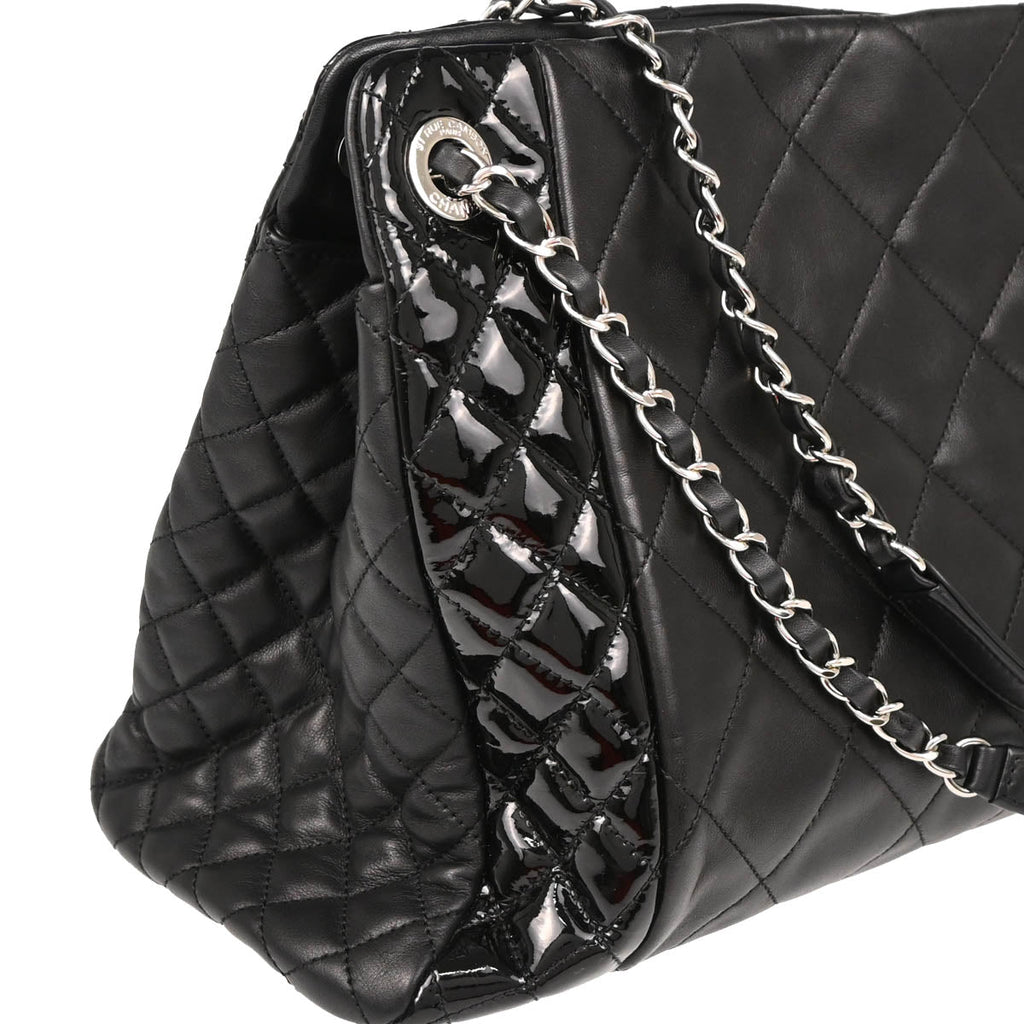 Chanel 2014 Black Lambskin Patent Leather Chain Tote Handbag