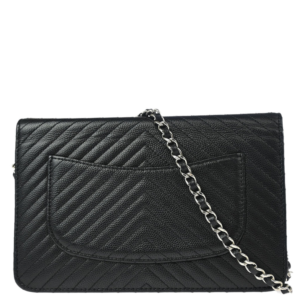 Chanel 2016-2017 Black Caviar Chevron WOC Wallet on Chain Shoulder Bag