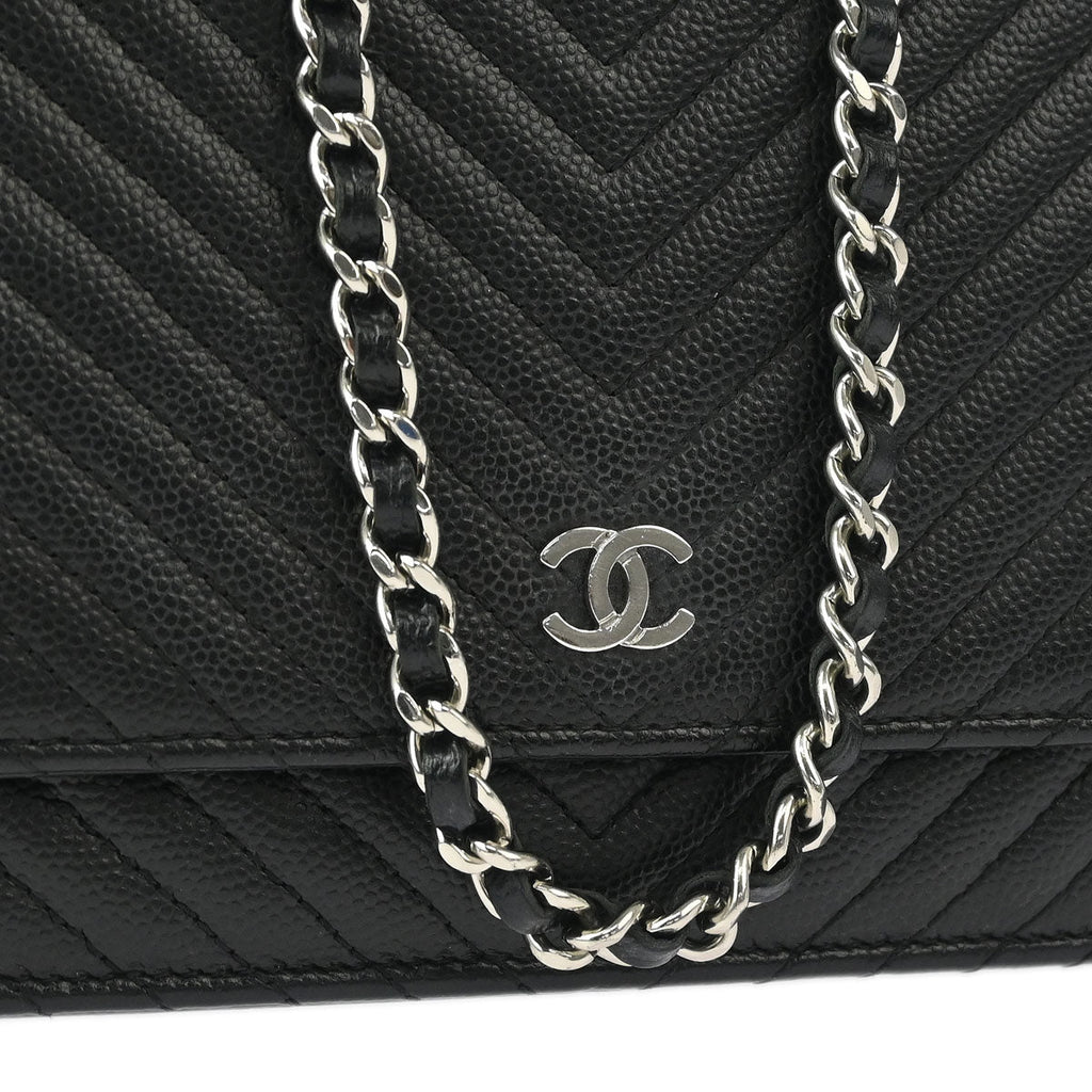 Chanel 2016-2017 Black Caviar Chevron WOC Wallet on Chain Shoulder Bag