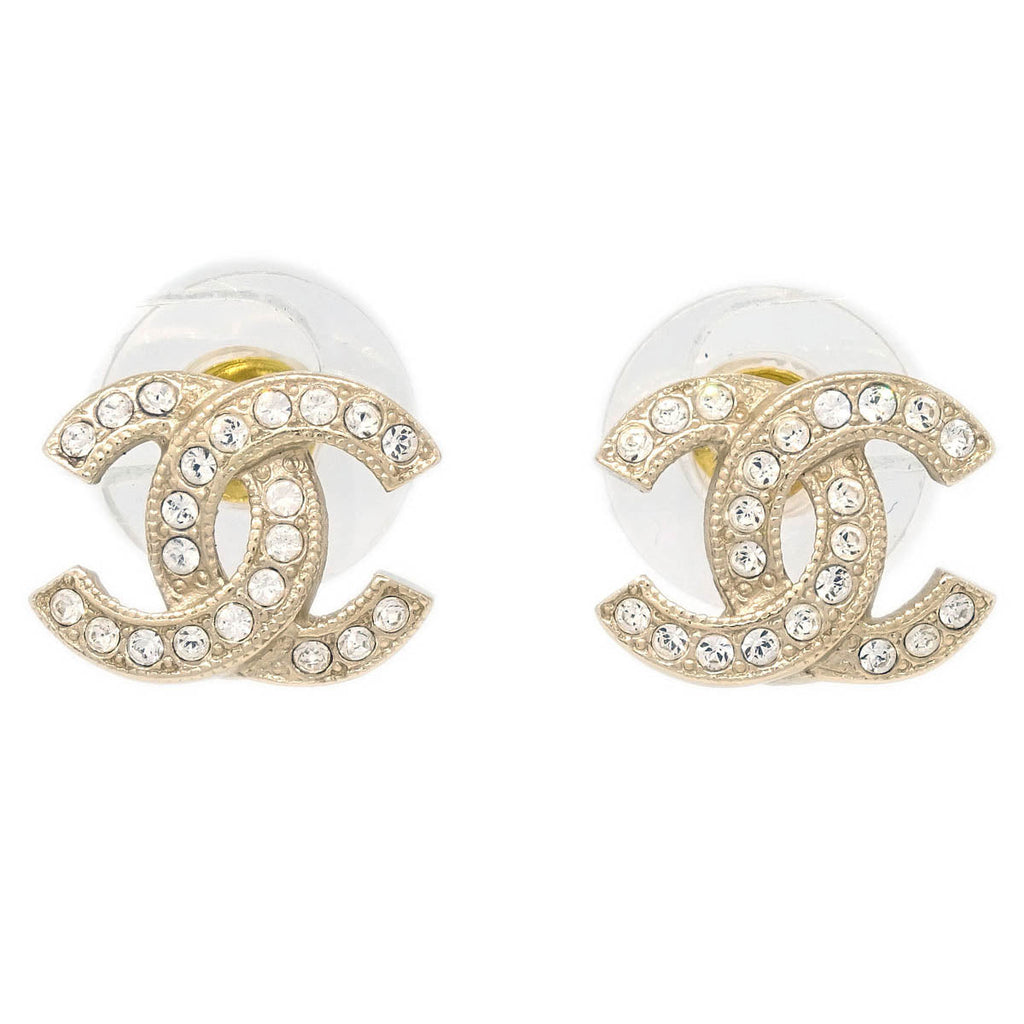 Chanel Piercing Earrings Gold Rhinestone CC F17V