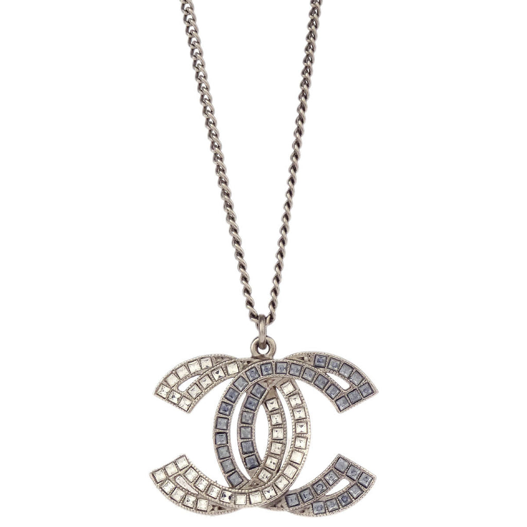 Chanel CC Chain Necklace Pendant Rhinestone Silver 16C