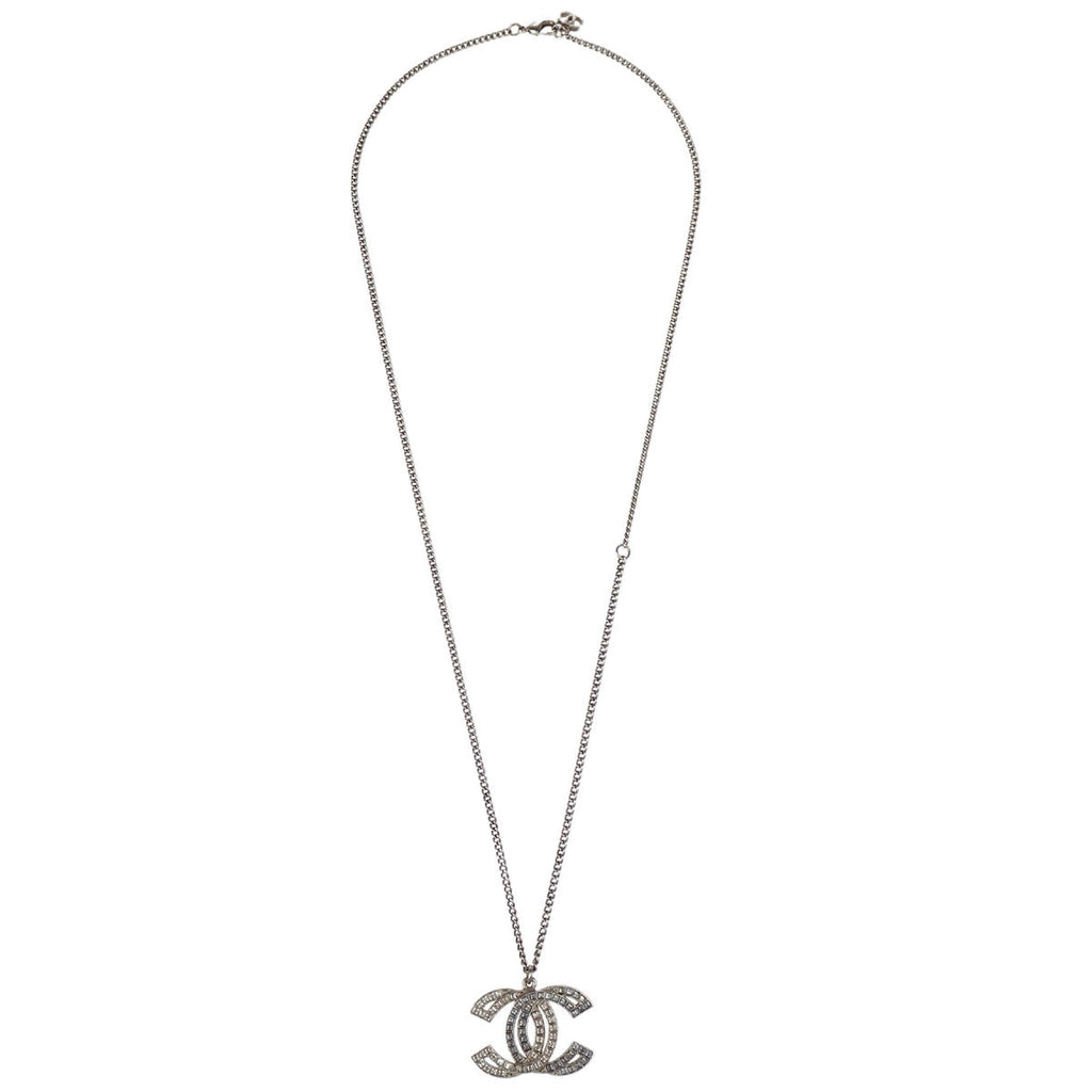 Chanel CC Chain Necklace Pendant Rhinestone Silver 16C