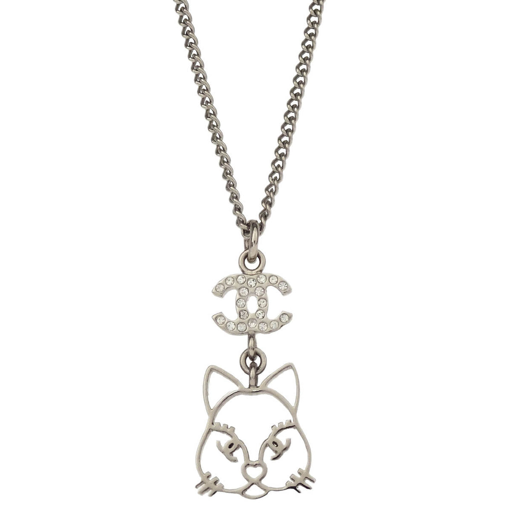 Chanel Cat Chain Necklace Pendant Rhinestone Silver B15K