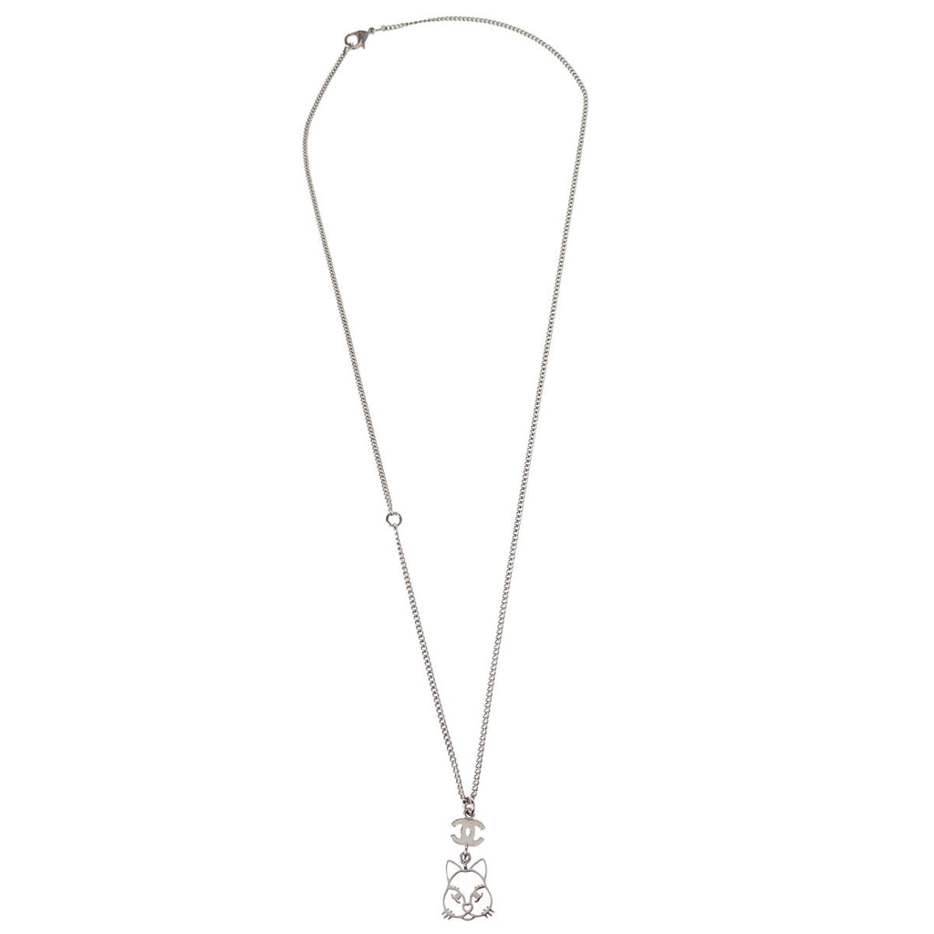 Chanel Cat Chain Necklace Pendant Rhinestone Silver B15K