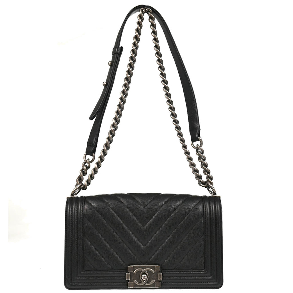 Boy Chanel 2017-2018 Black Caviar Chevron Medium Shoulder Bag