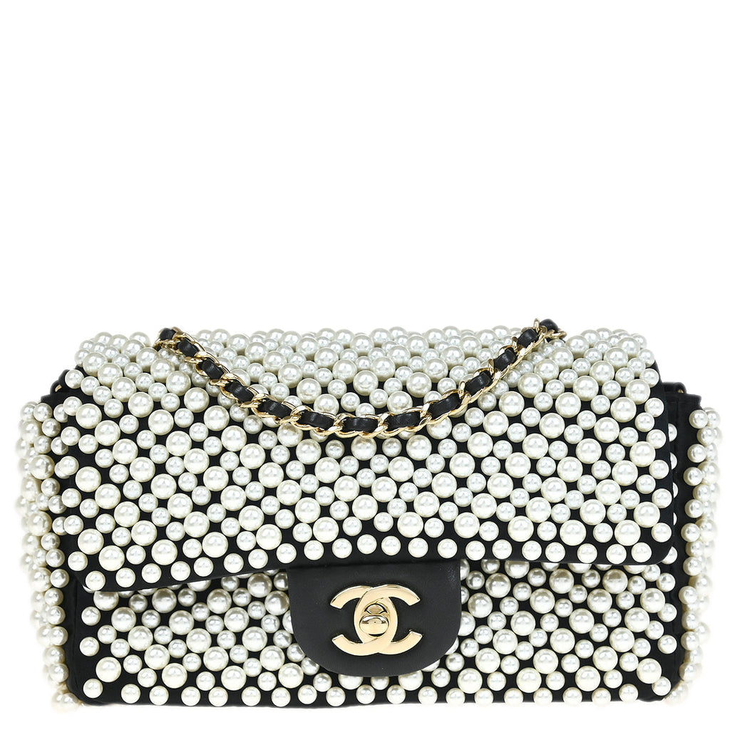 Chanel * 2019 Black White Satin Costume Pearl Shoulder Bag