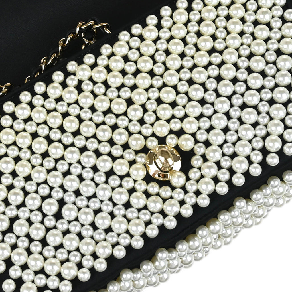 Chanel * 2019 Black White Satin Costume Pearl Shoulder Bag