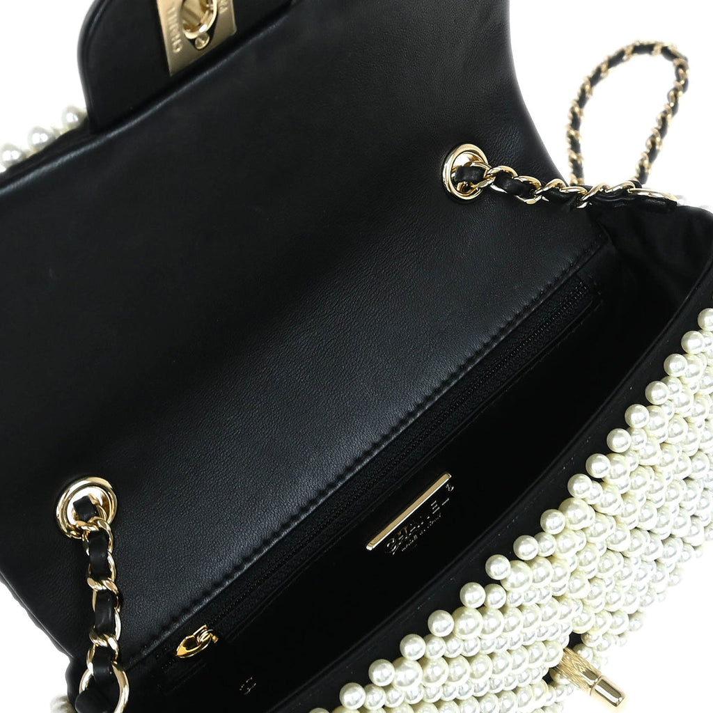 Chanel * 2019 Black White Satin Costume Pearl Shoulder Bag