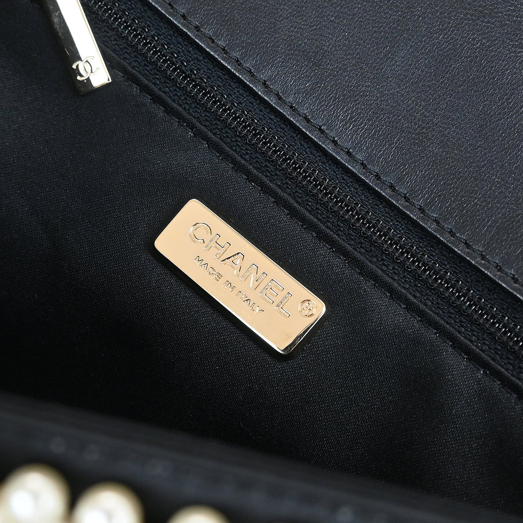 Chanel * 2019 Black White Satin Costume Pearl Shoulder Bag