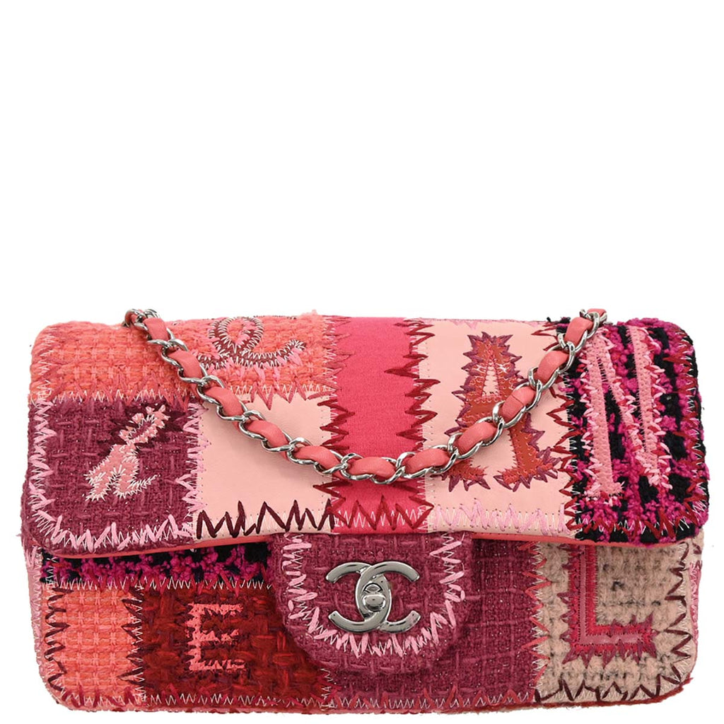 Chanel 2017 Pink Calfskin Tweed Patchwork Medium Classic Single Flap