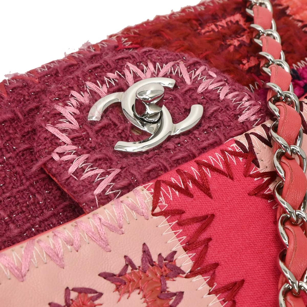Chanel 2017 Pink Calfskin Tweed Patchwork Medium Classic Single Flap