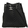 Chanel 2016-2017 Black Lambskin Chevron Drawstring Shoulder Bag