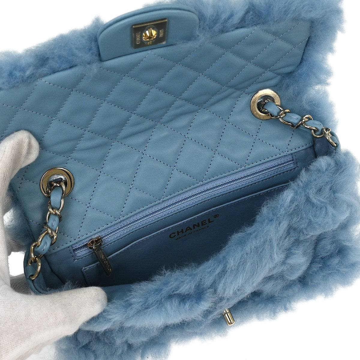 Chanel 2019 Light Blue Shearling Lambskin Shoulder Bag