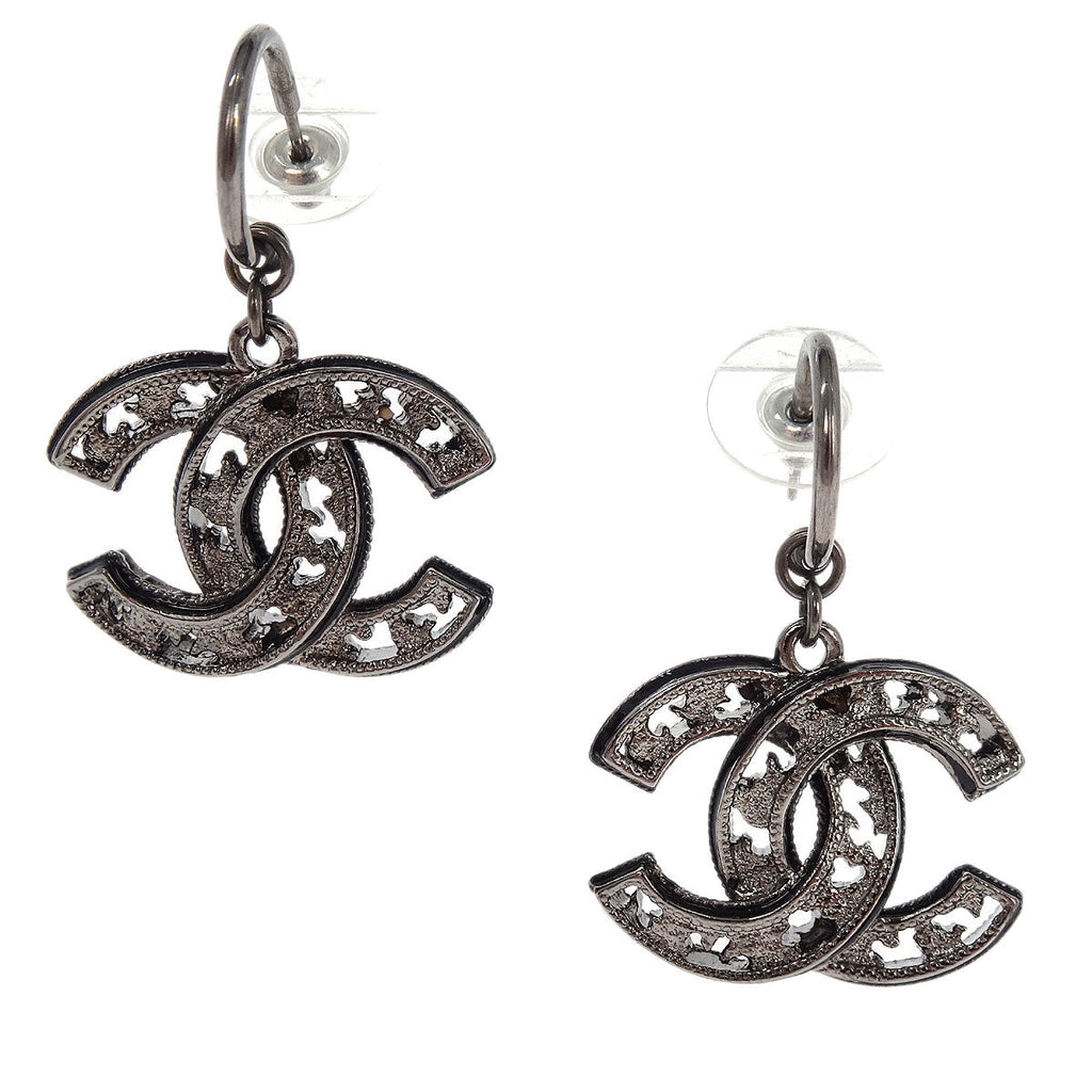 Chanel CC Dangle Piercing Earrings Silver 10A