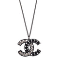 Chanel CC Chain Pendant Necklace Silver Black Rhinestone B15V