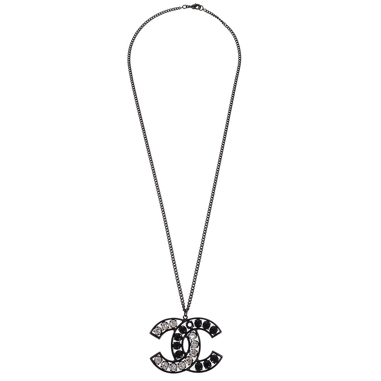 Chanel CC Chain Pendant Necklace Silver Black Rhinestone B15V