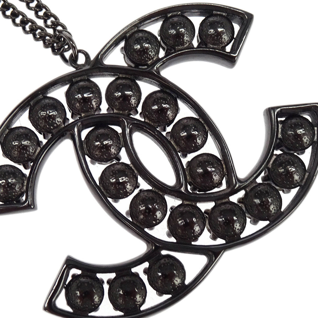 Chanel CC Chain Pendant Necklace Silver Black Rhinestone B15V