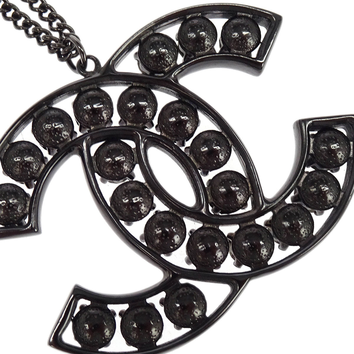Chanel CC Chain Pendant Necklace Silver Black Rhinestone B15V