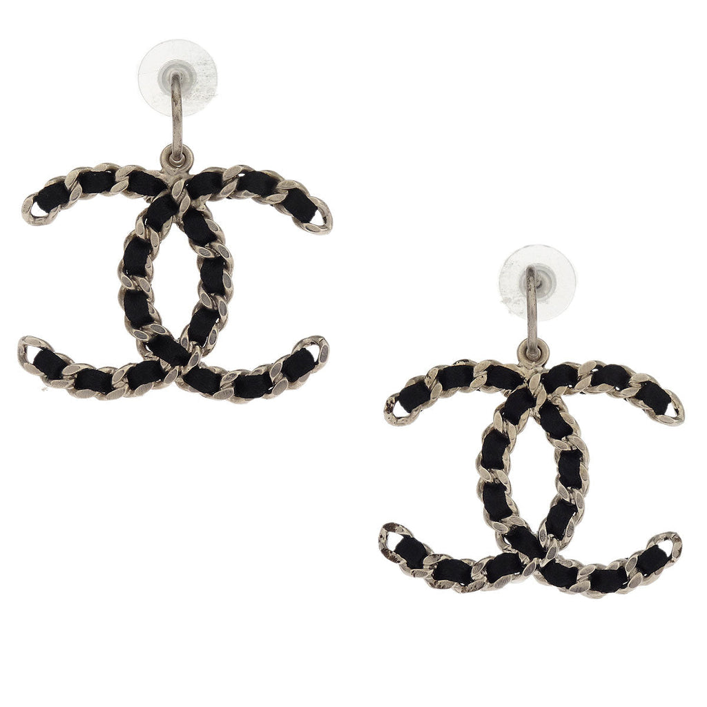 Chanel CC Dangle Piercing Earrings Black Silver Leather B12A