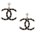 Chanel CC Dangle Piercing Earrings Black Silver Leather B12A