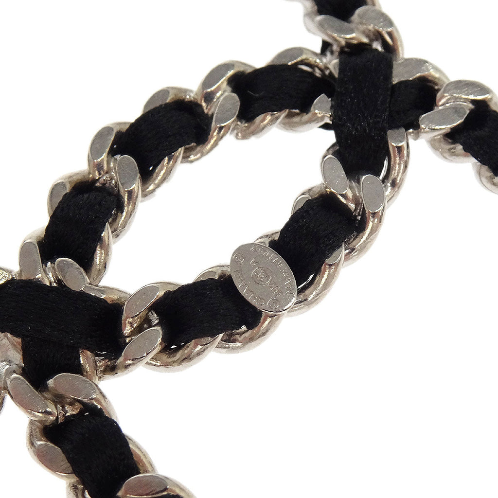 Chanel CC Dangle Piercing Earrings Black Silver Leather B12A