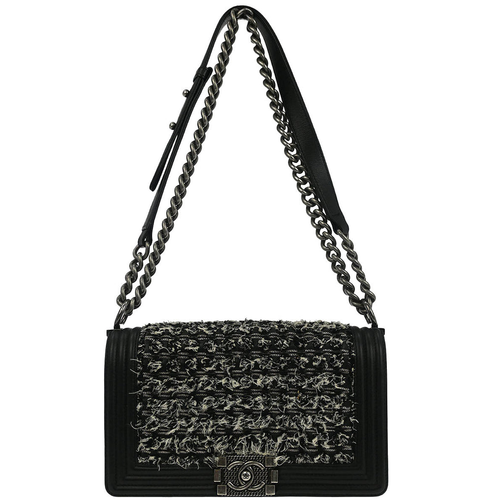 Boy Chanel 2017 Black Tweed Lambskin Medium Double Chain Shoulder Bag