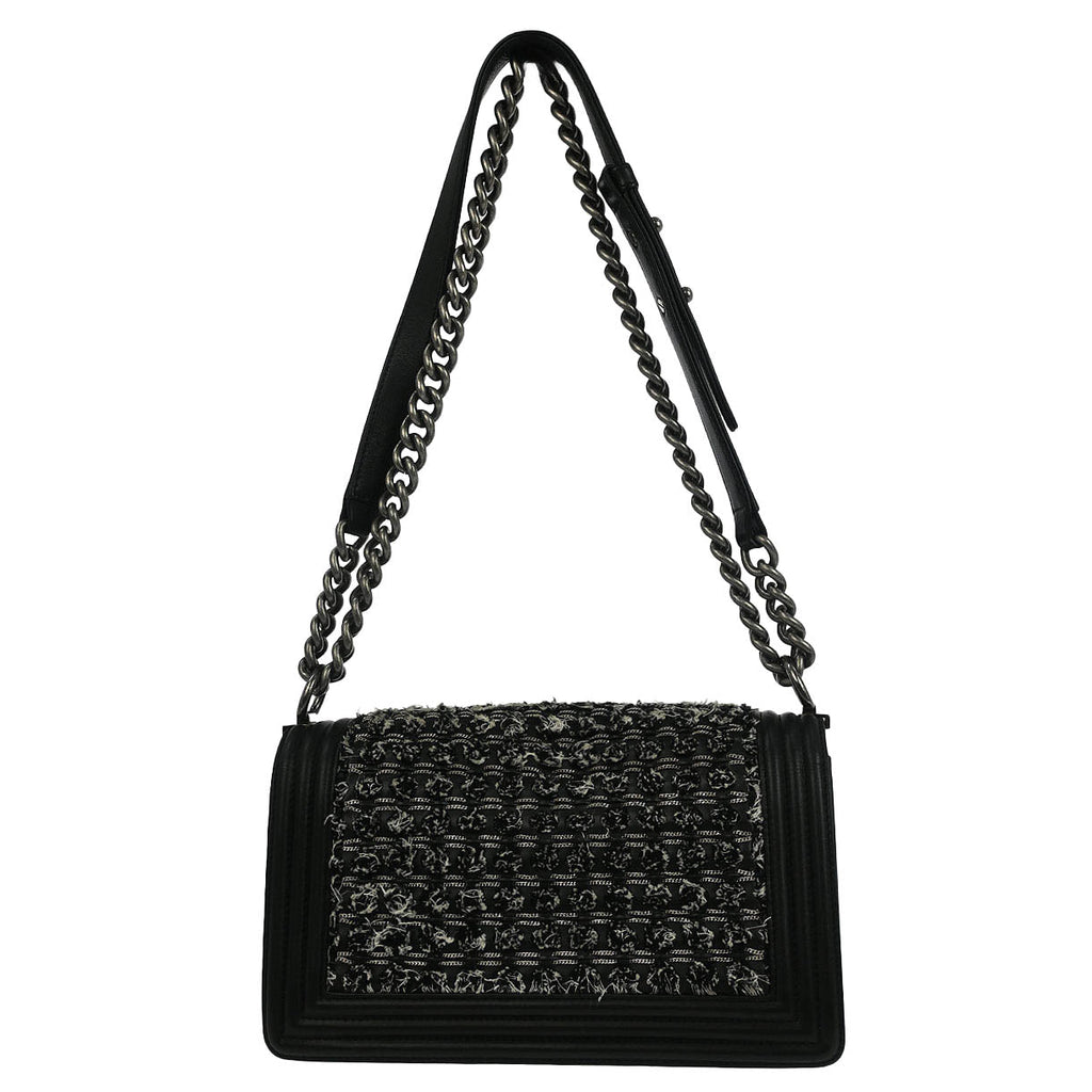Boy Chanel 2017 Black Tweed Lambskin Medium Double Chain Shoulder Bag