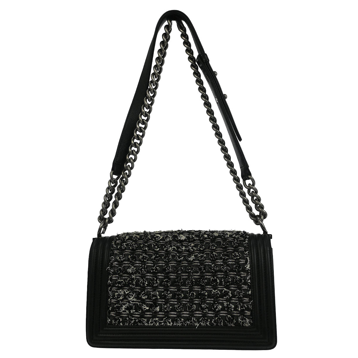 Boy Chanel 2017 Black Tweed Lambskin Medium Double Chain Shoulder Bag