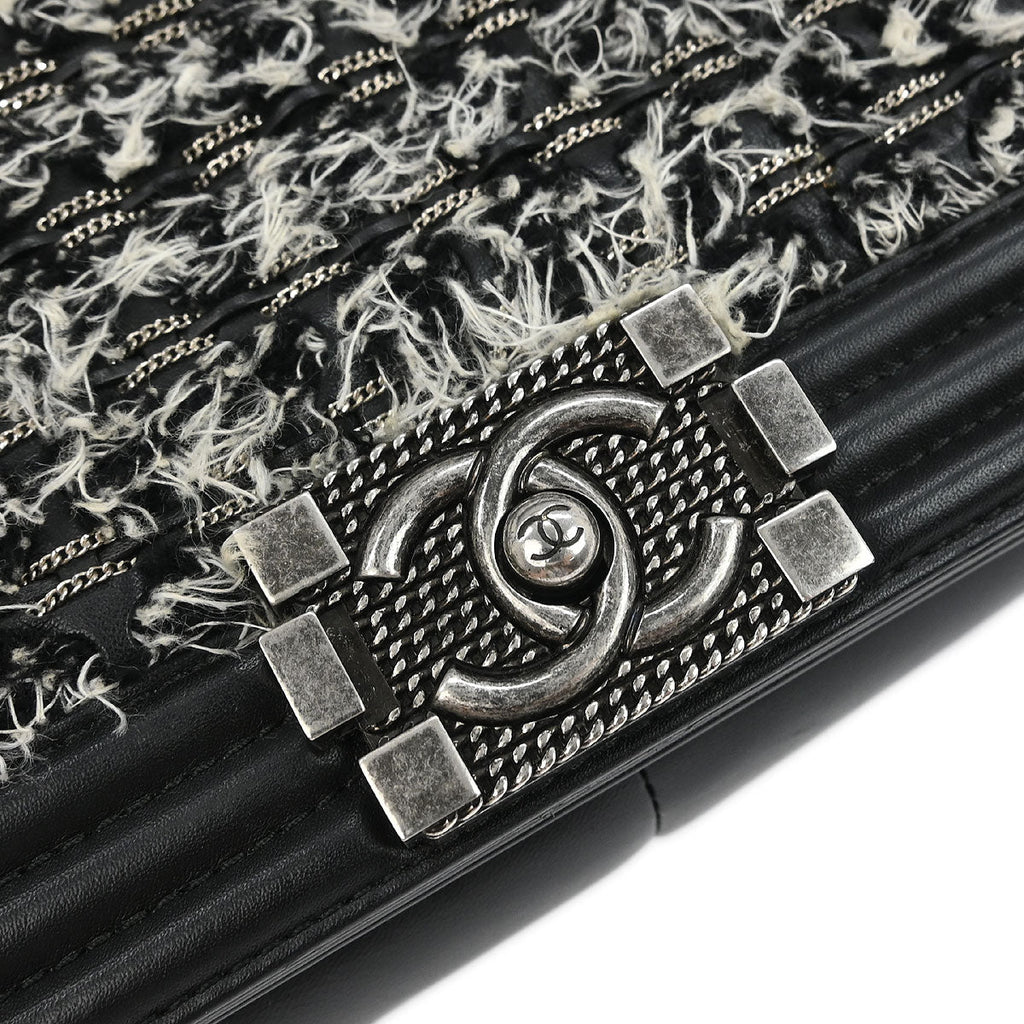 Boy Chanel 2017 Black Tweed Lambskin Medium Double Chain Shoulder Bag