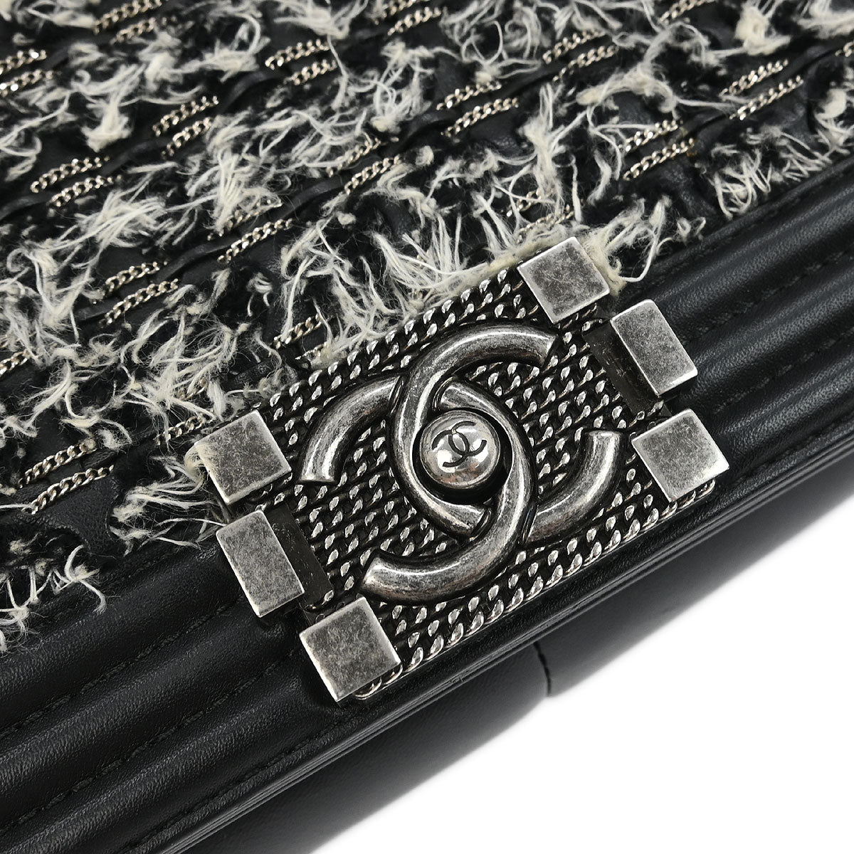 Boy Chanel 2017 Black Tweed Lambskin Medium Double Chain Shoulder Bag