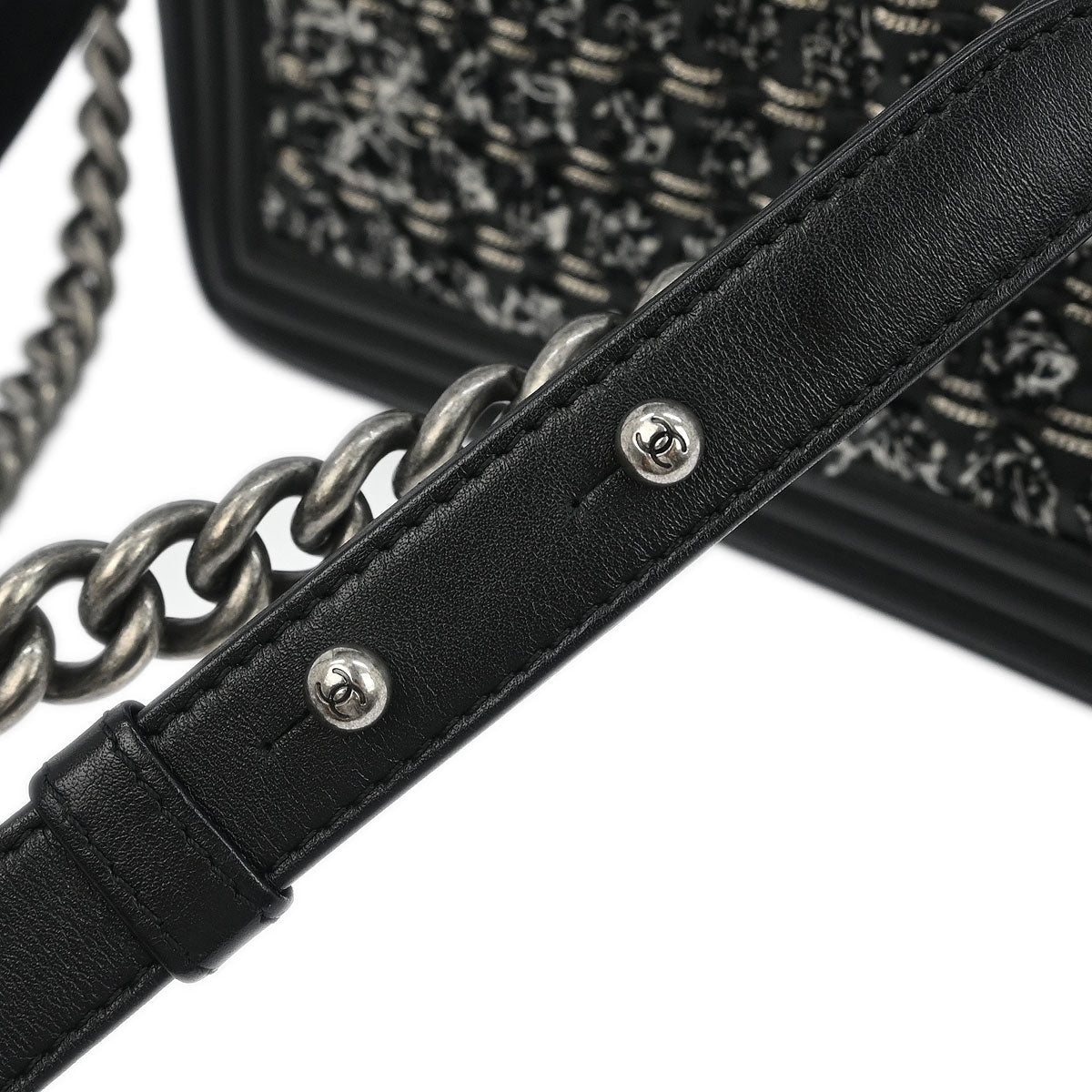 Boy Chanel 2017 Black Tweed Lambskin Medium Double Chain Shoulder Bag