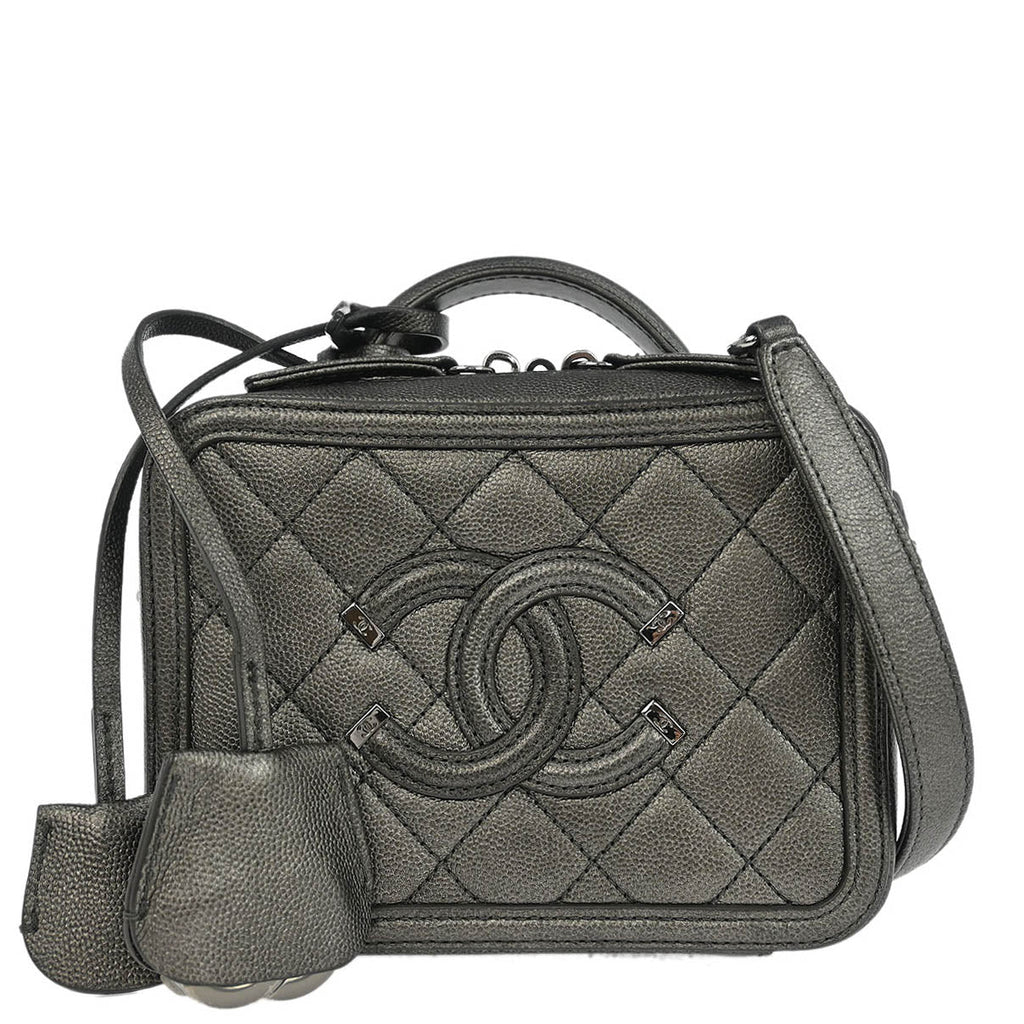 Chanel 2018-2019 Metallic Gray Calfskin Filigree 2way Shoulder Vanity Handbag