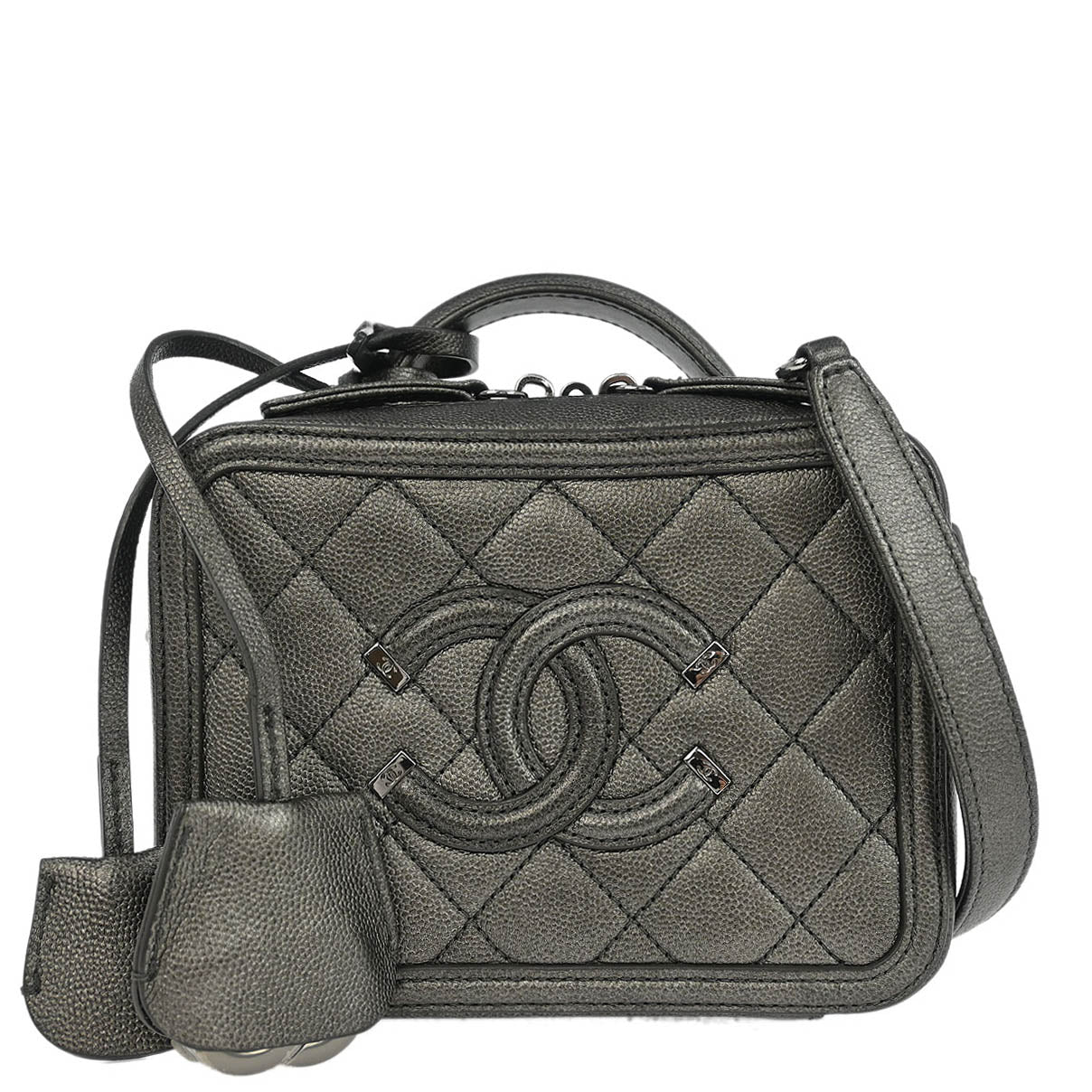 Chanel 2018-2019 Metallic Gray Calfskin Filigree 2way Shoulder Vanity Handbag